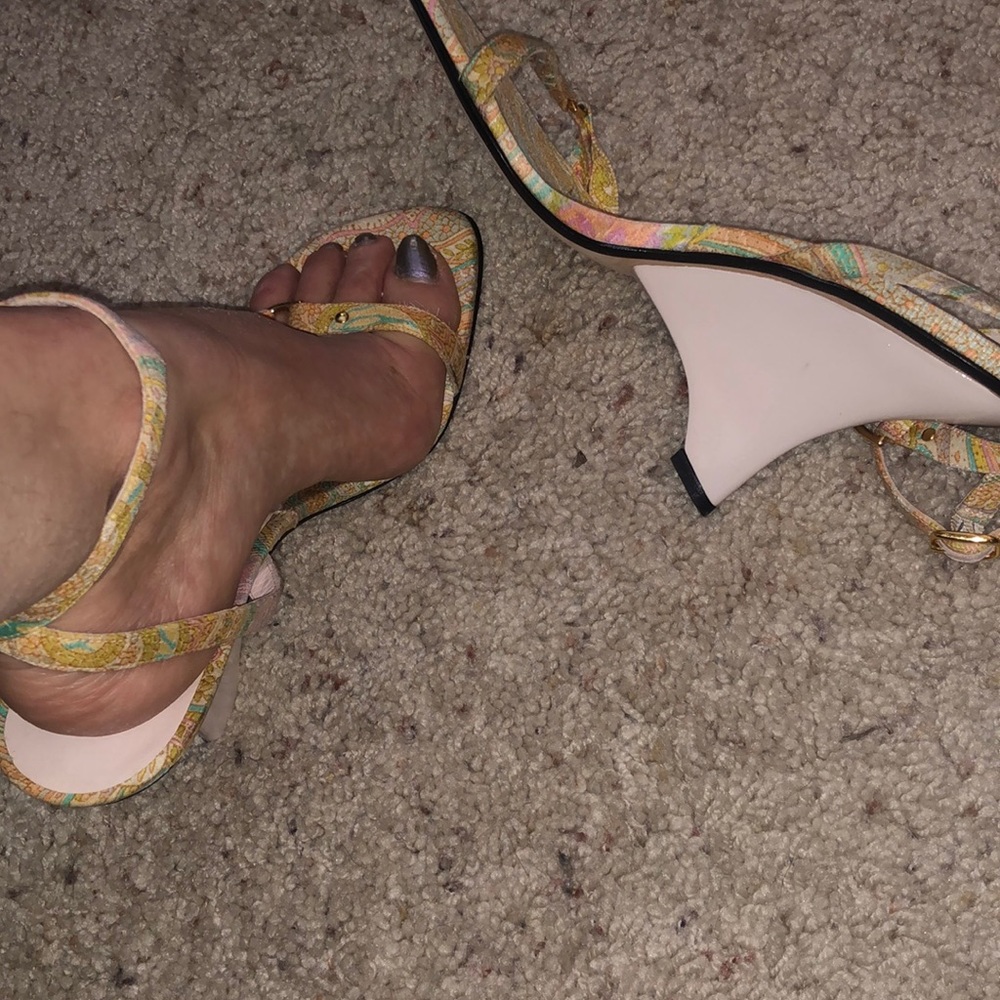 Stuart Weitzman multicolor wedge sandals.
